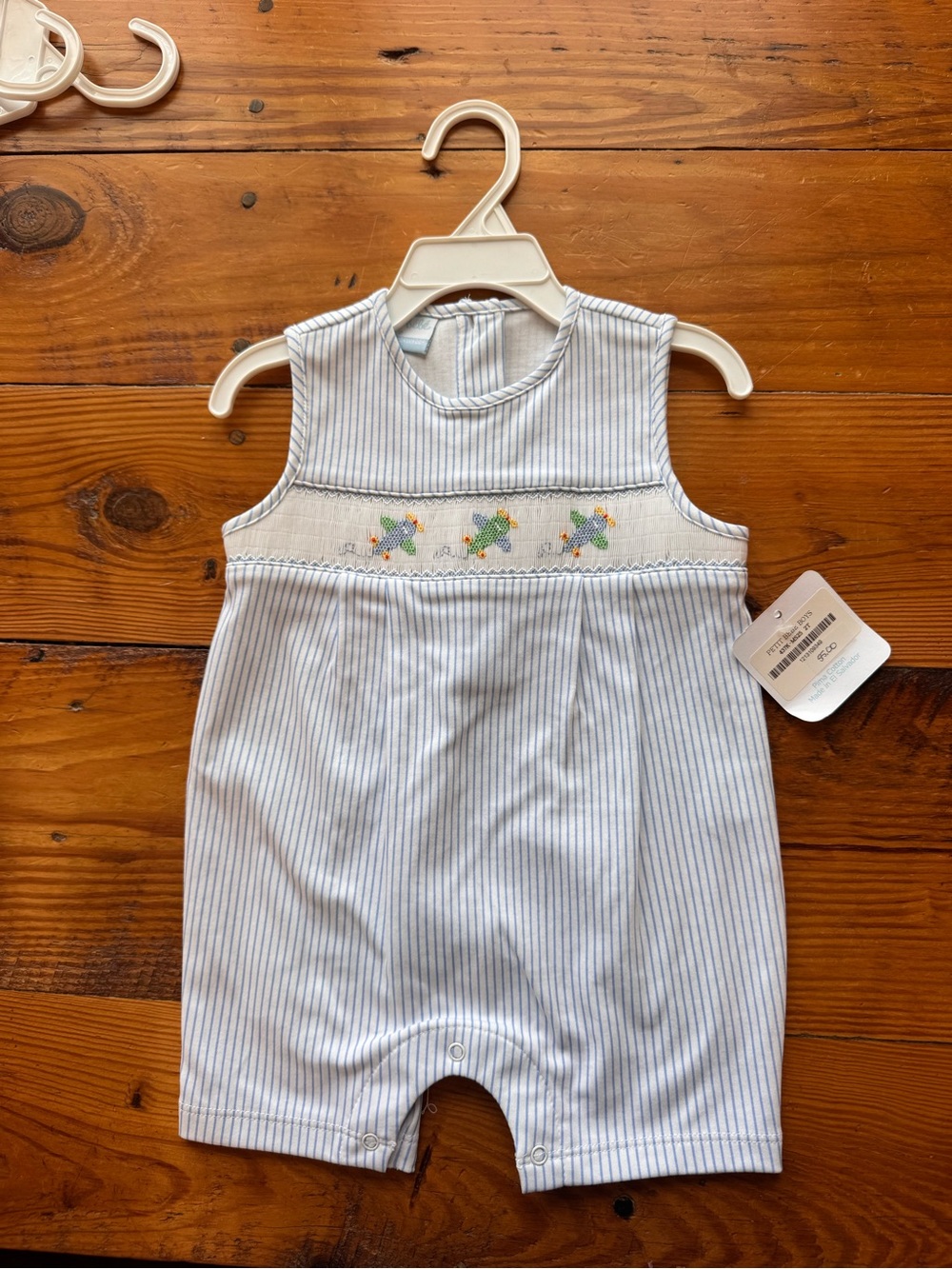 Petit Bebe Blue & White Pinstripe Smocked Baby Romper